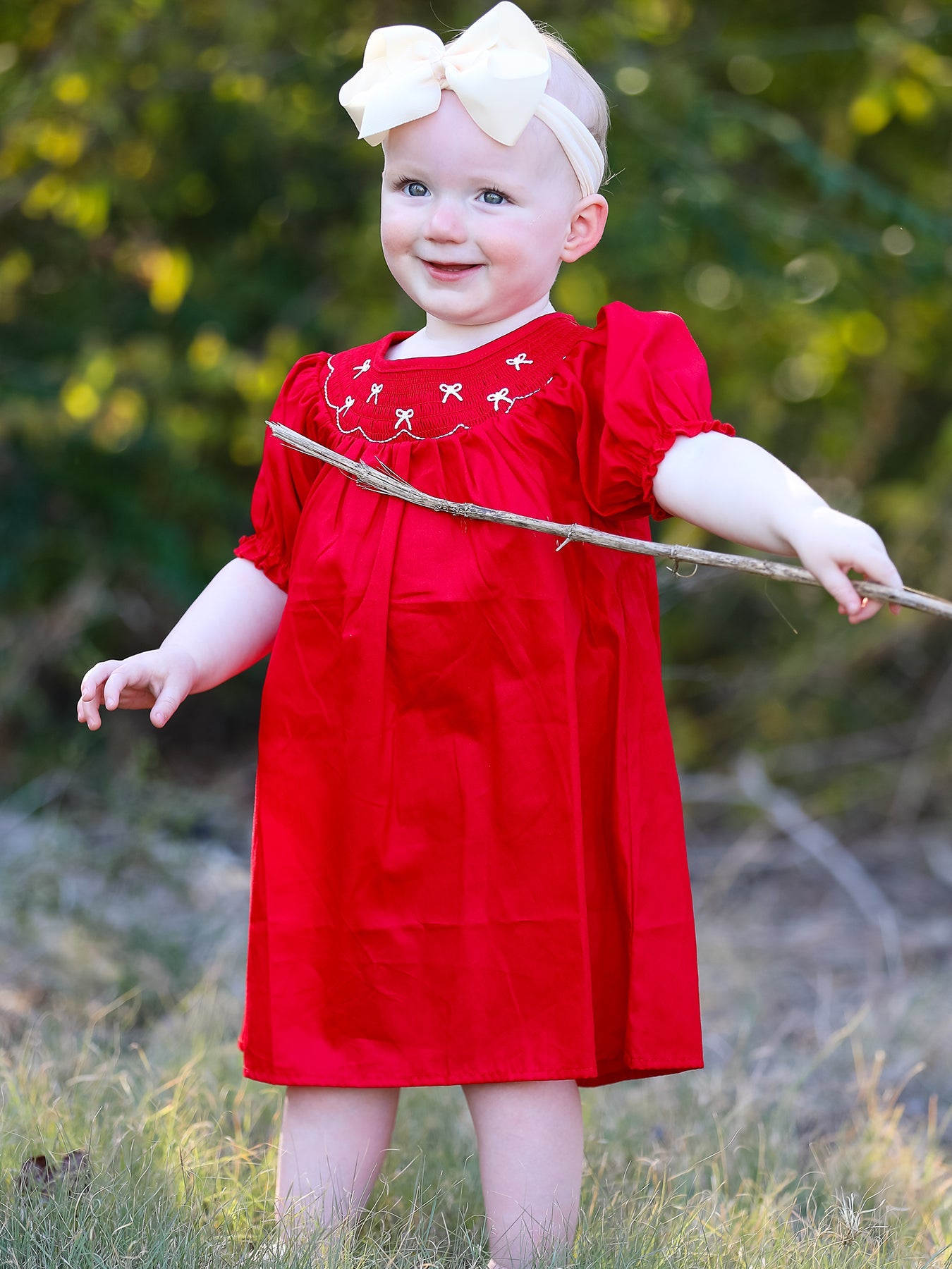 Girls Bow Smocking Embroidered Red Dress - Bexa Boutique