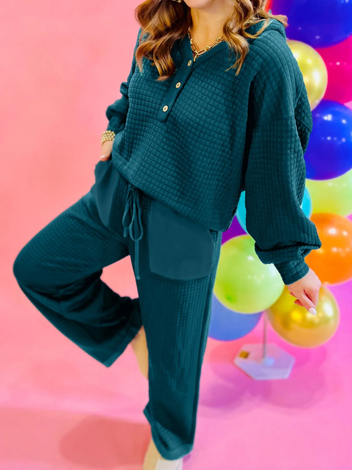 Waffled Textured Raw Edge Patchwork Top and Pants 2pcs Set - Deep Teal - Bexa Boutique