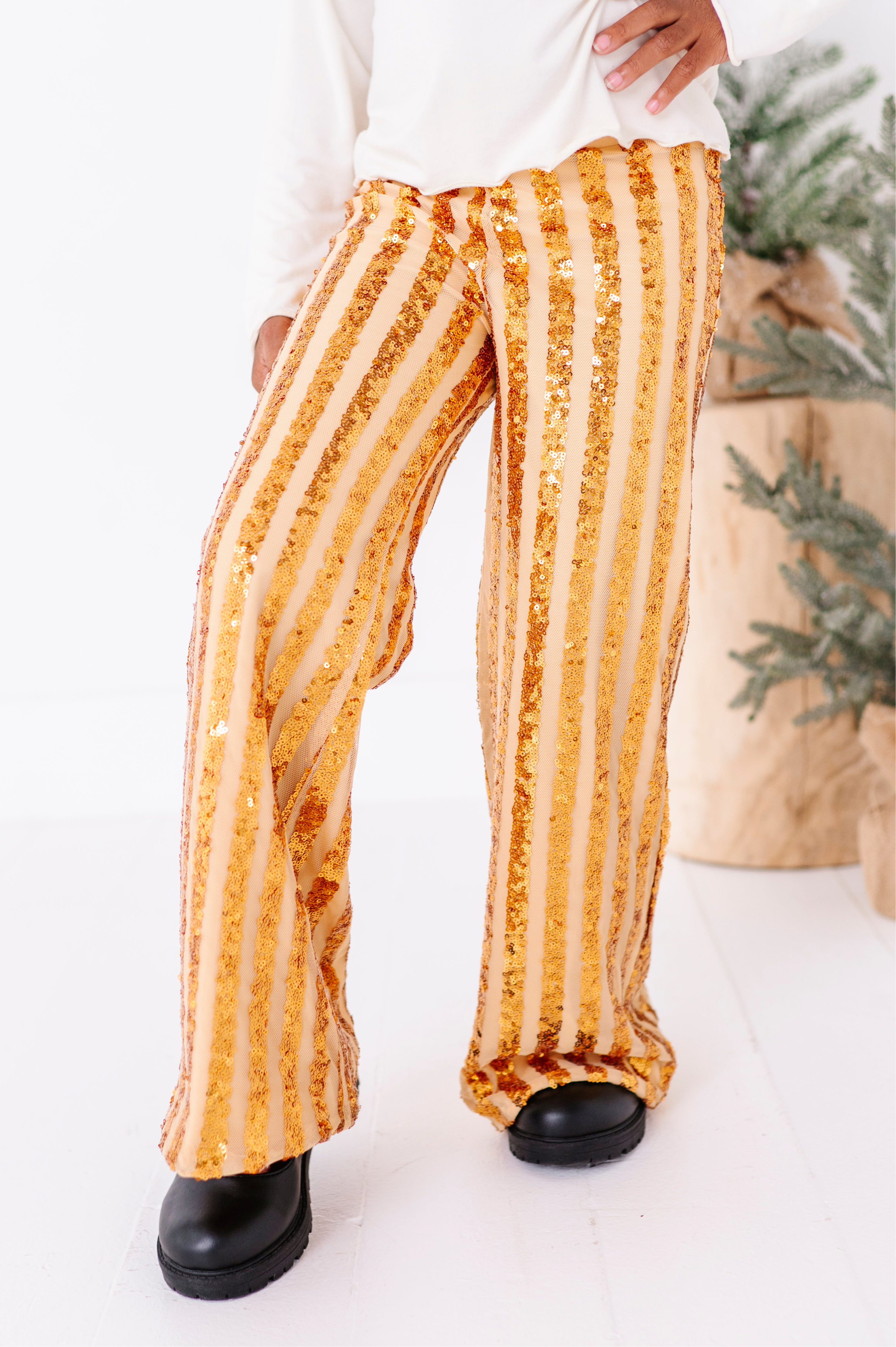 Gold Sequin Stripe Pants | Wide-Leg Pants