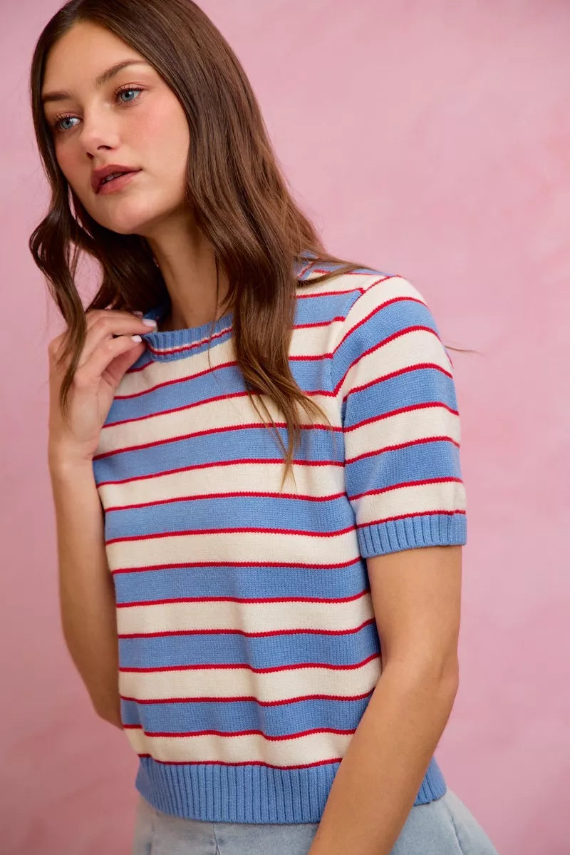 SO ME Stripe Knit Crew Neck Short Sleeves Sweater Top - Blue/Red - Bexa Boutique