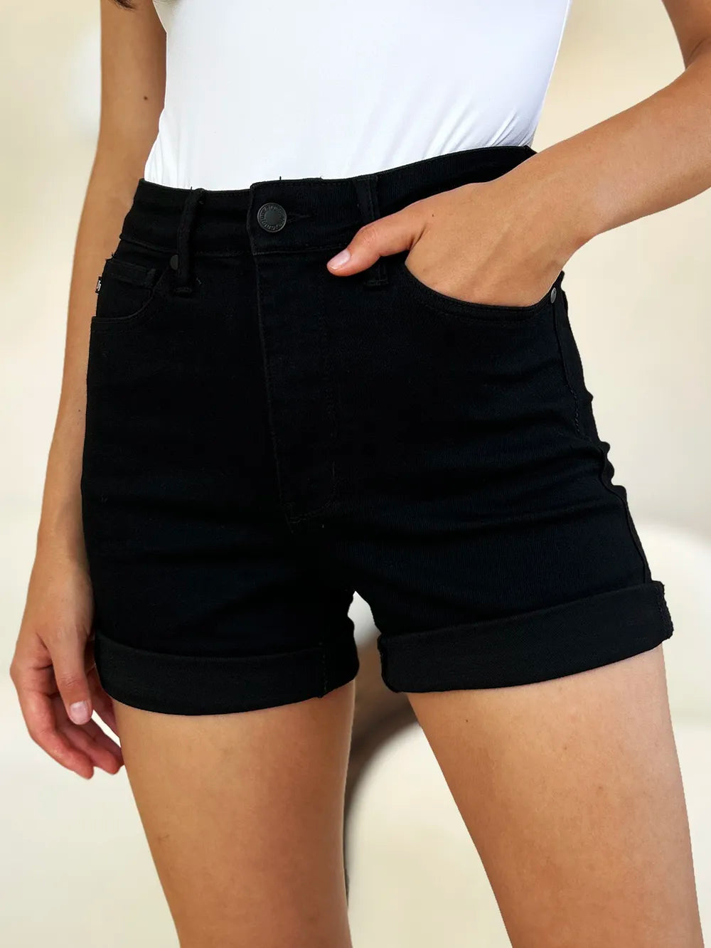 Judy Blue Full Size High Waist Tummy Control Cuffed Denim Shorts - Black - Bexa Boutique