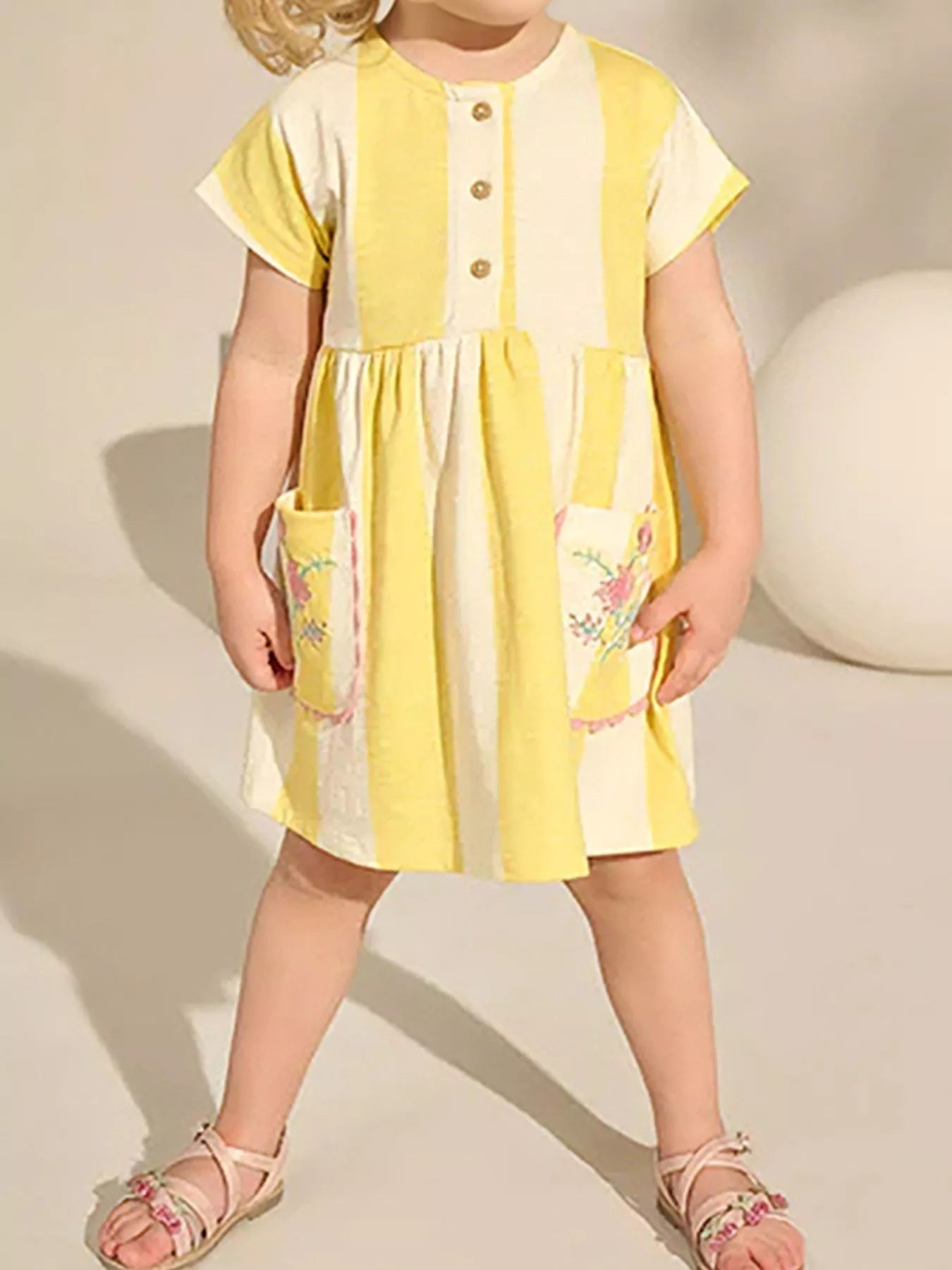 Children's Striped Summer Dress with Floral Pockets - Yellow - Bexa Boutique