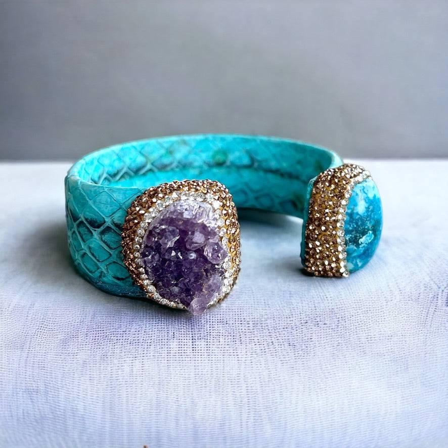 Raw Amethyst and Turquoise Open Cuff Leather Bracelet - Bexa Boutique