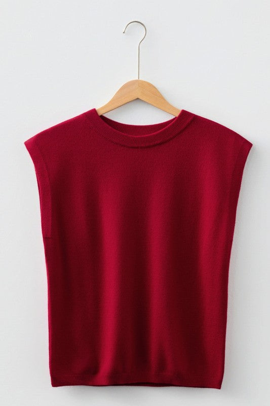 Solid Crewneck Cap Sleeve Knit Sweater - Racing Red - Bexa Boutique