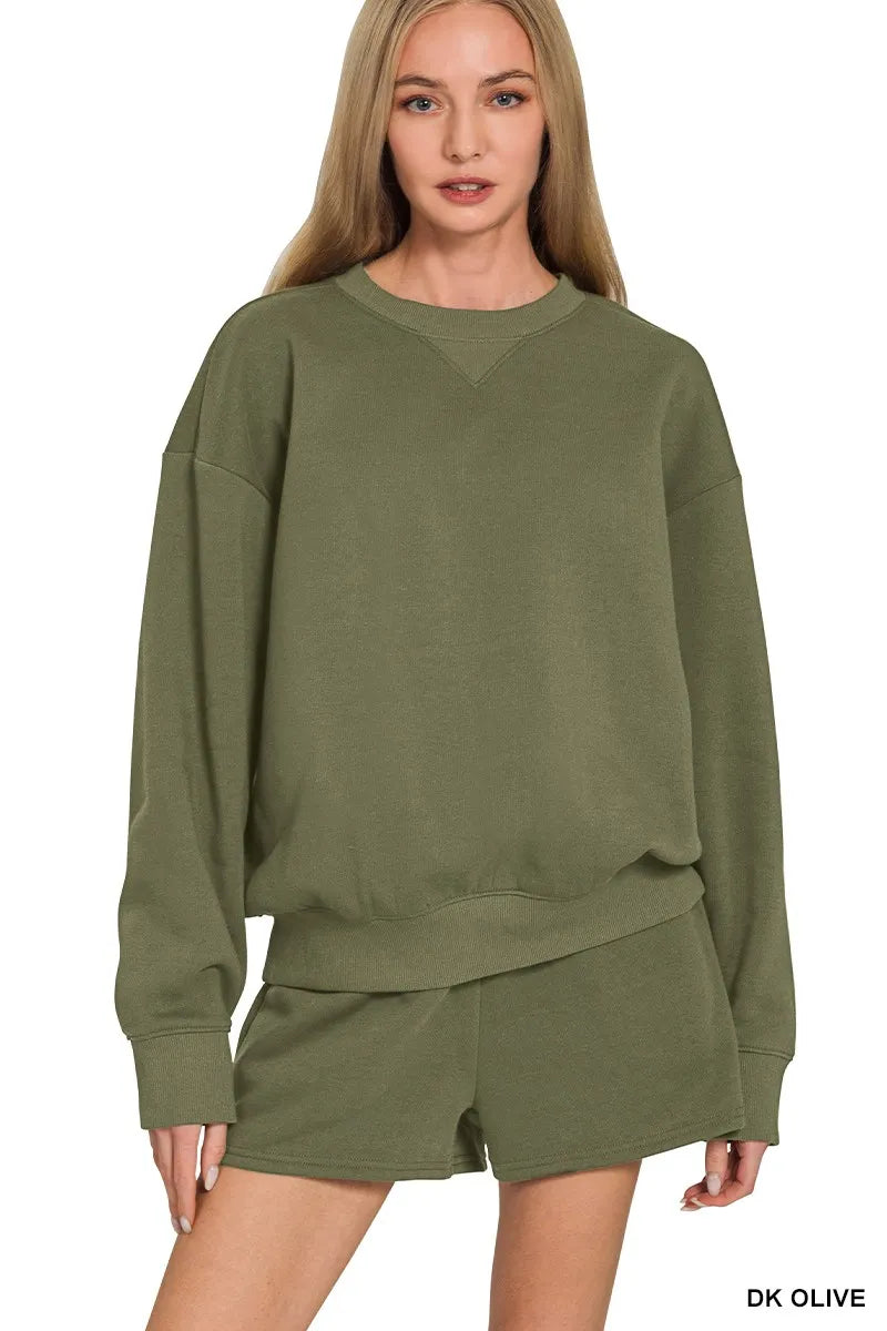 Zenana Fleece Long Sleeve Sweatshirts & Shorts Set - DK OLIVE - Bexa Boutique
