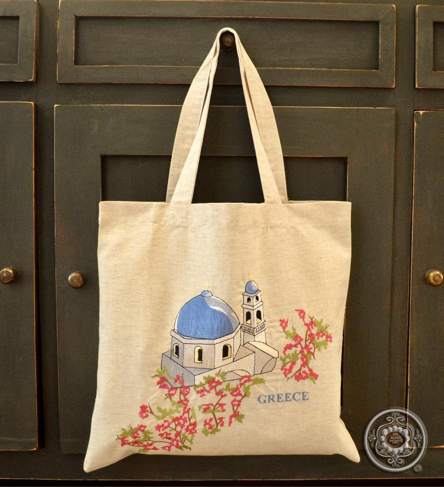 Santorini Church Embroidered Tote Bag - Bexa Boutique