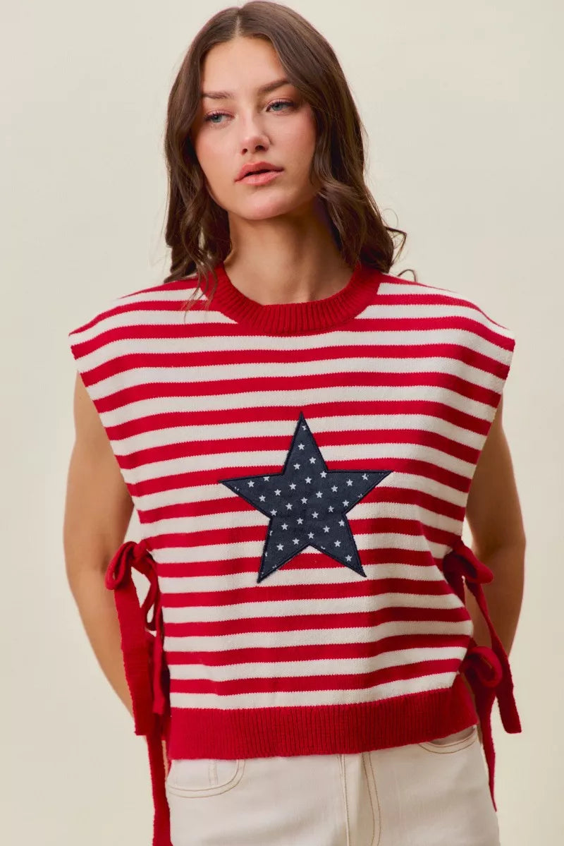 SO ME Stripe Star Patch 4th Of July Side Tie Vest Top - RED/IVORY - Bexa Boutique