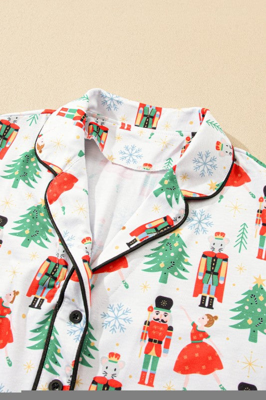 Christmas Trees & Nutcracker Buttoned Pajama Set - White Printed - Bexa Boutique