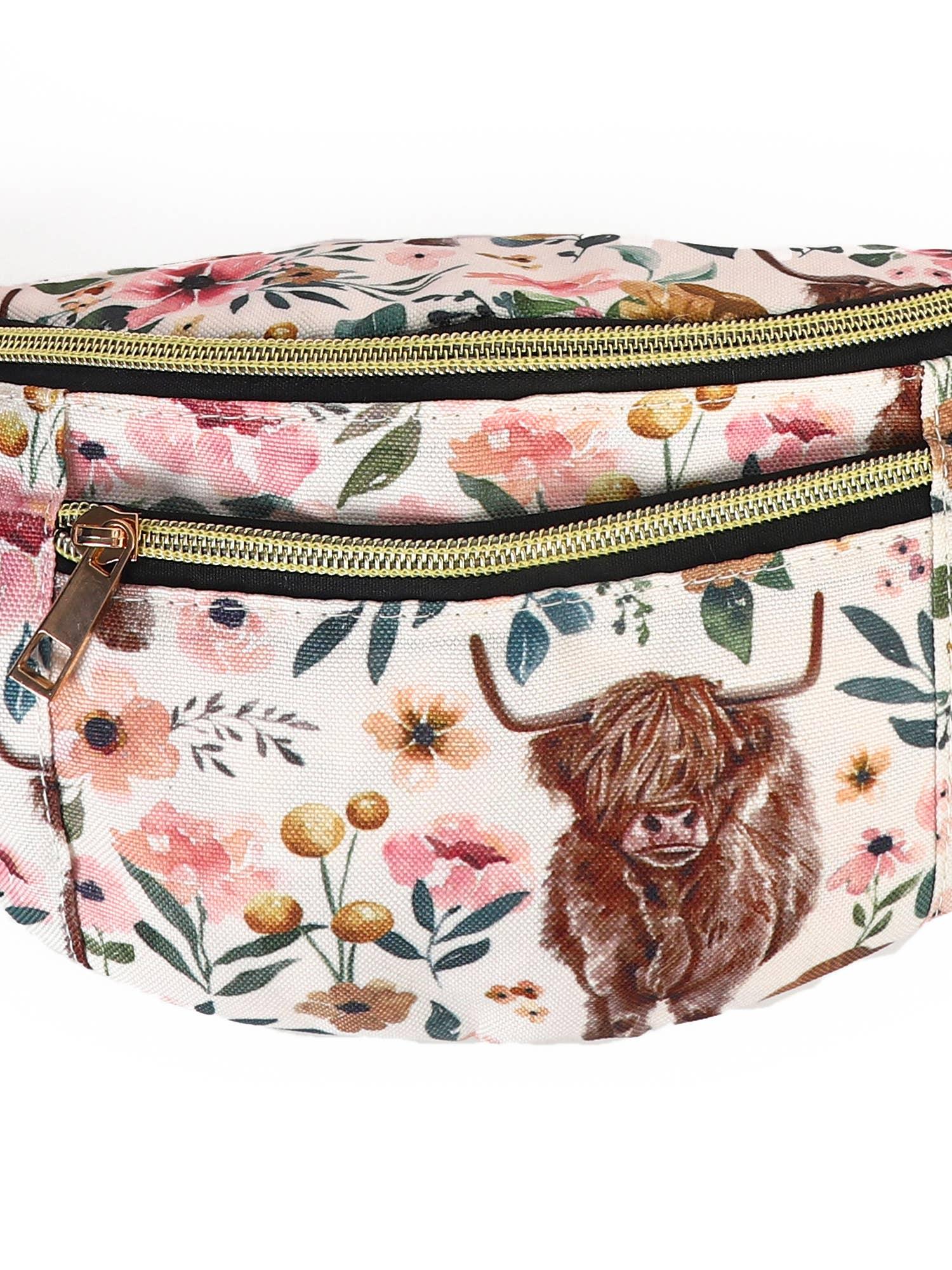 Highland Cow Floral Zipper Pocket Bag Fanny Pack