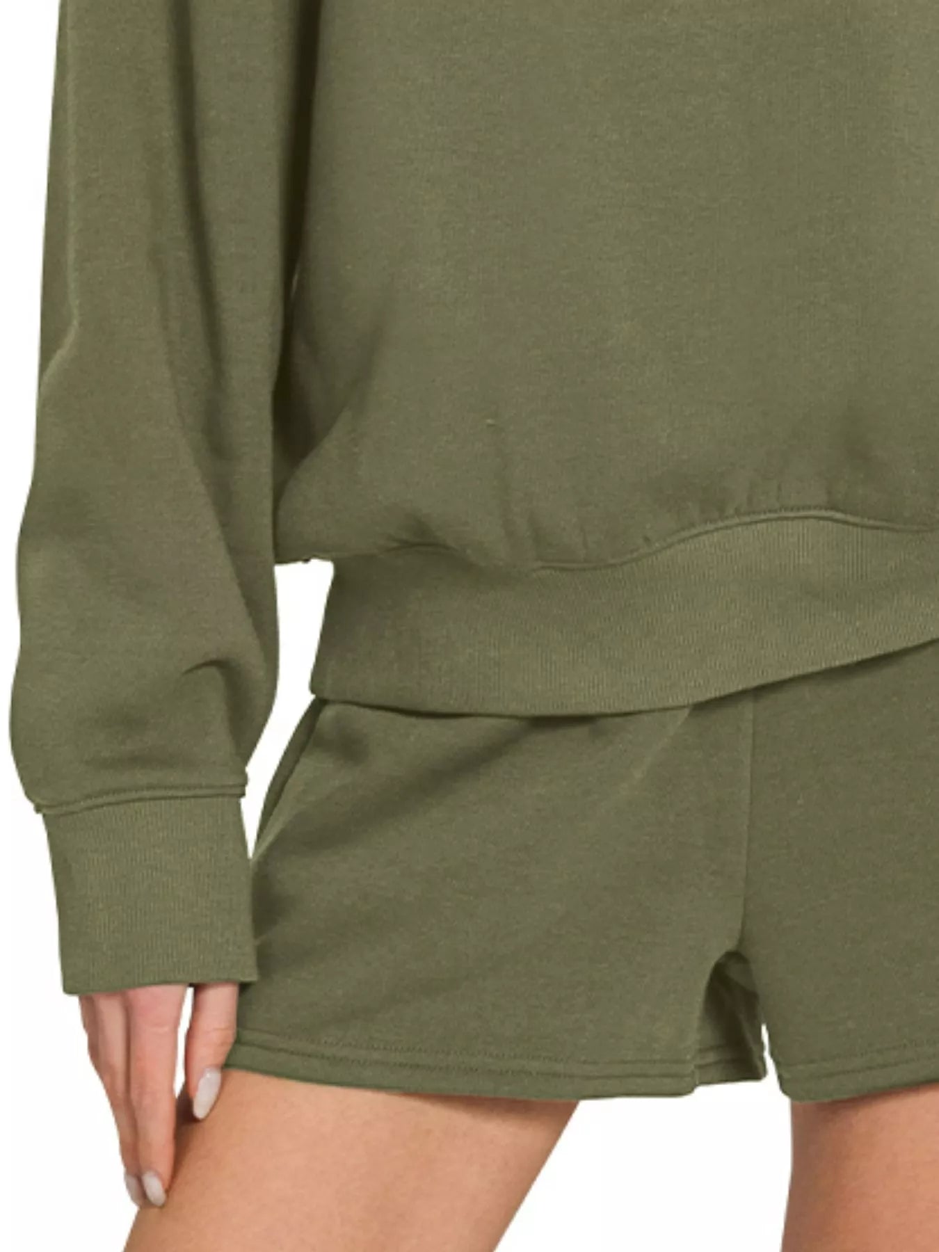 Zenana Fleece Long Sleeve Sweatshirts & Shorts Set - DK OLIVE - Bexa Boutique