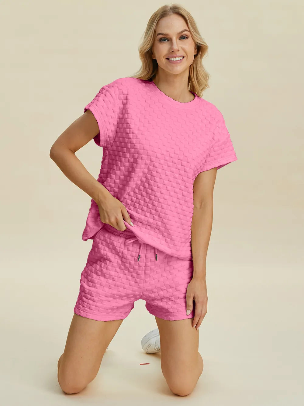 Double Take Full Size Texture T-Shirt and Shorts Set - Pink - Bexa Boutique
