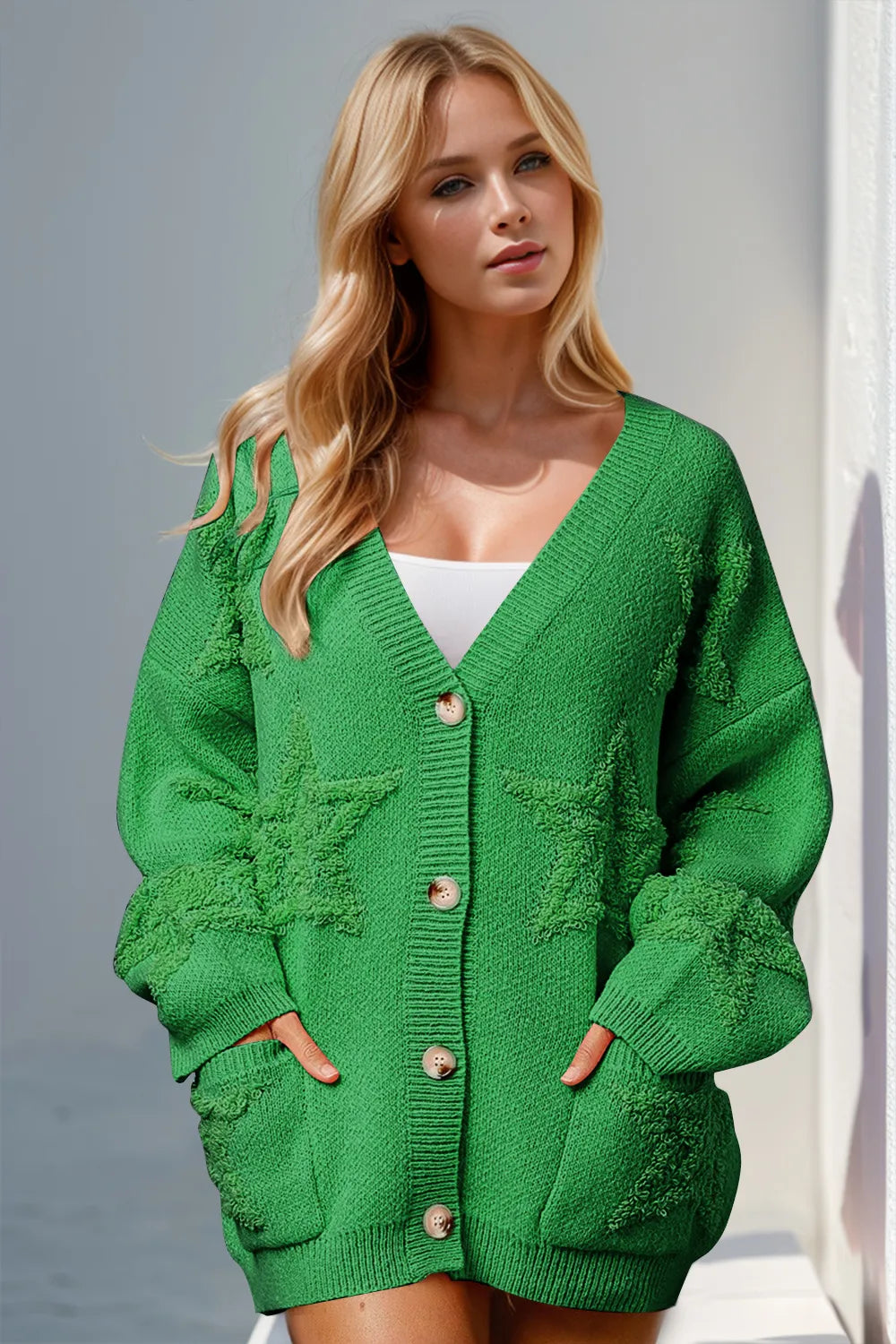 Double Take Full Size Button Up Star Pattern Cardigan - Green - Bexa Boutique
