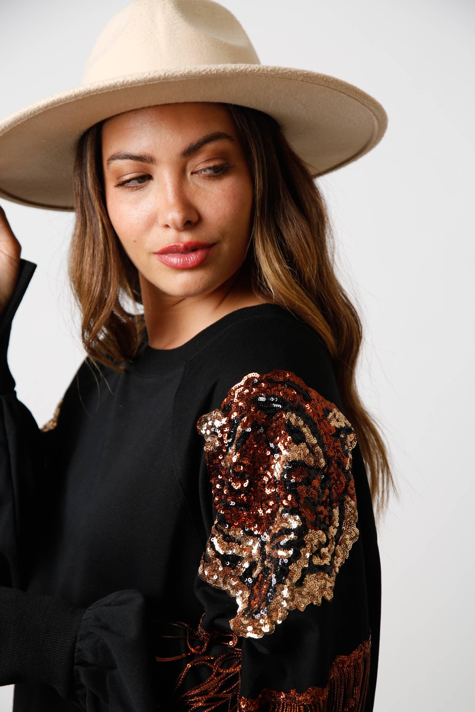 Loose Sweatshirt W/ Sequin Shoulder Tiger & Fringe - IFKT54444-01 - Preorders: BLACK/BROWN / S - Bexa Boutique