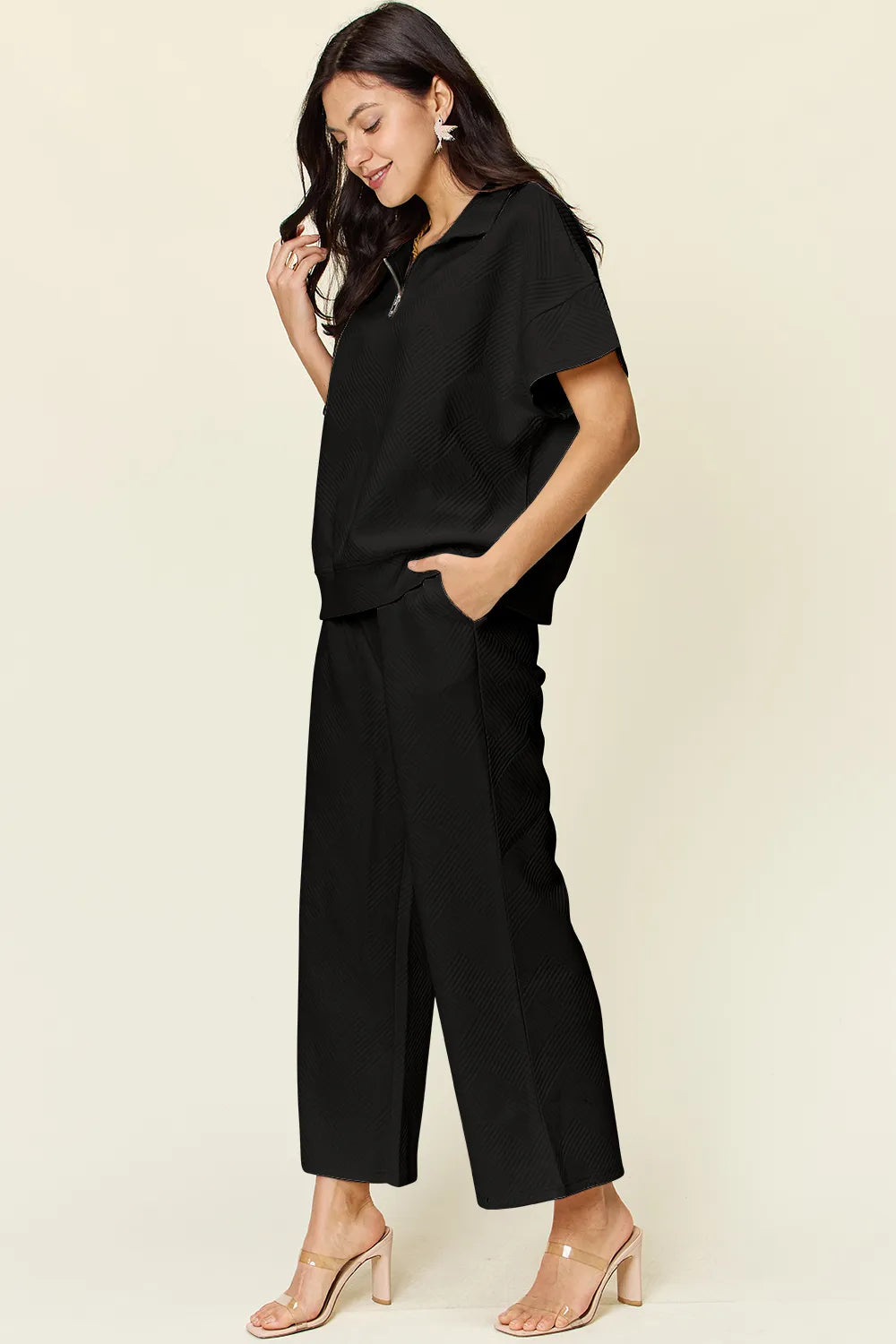 Double Take Full Size Texture Half Zip Short Sleeve Top and Pants Set - Black - Bexa Boutique
