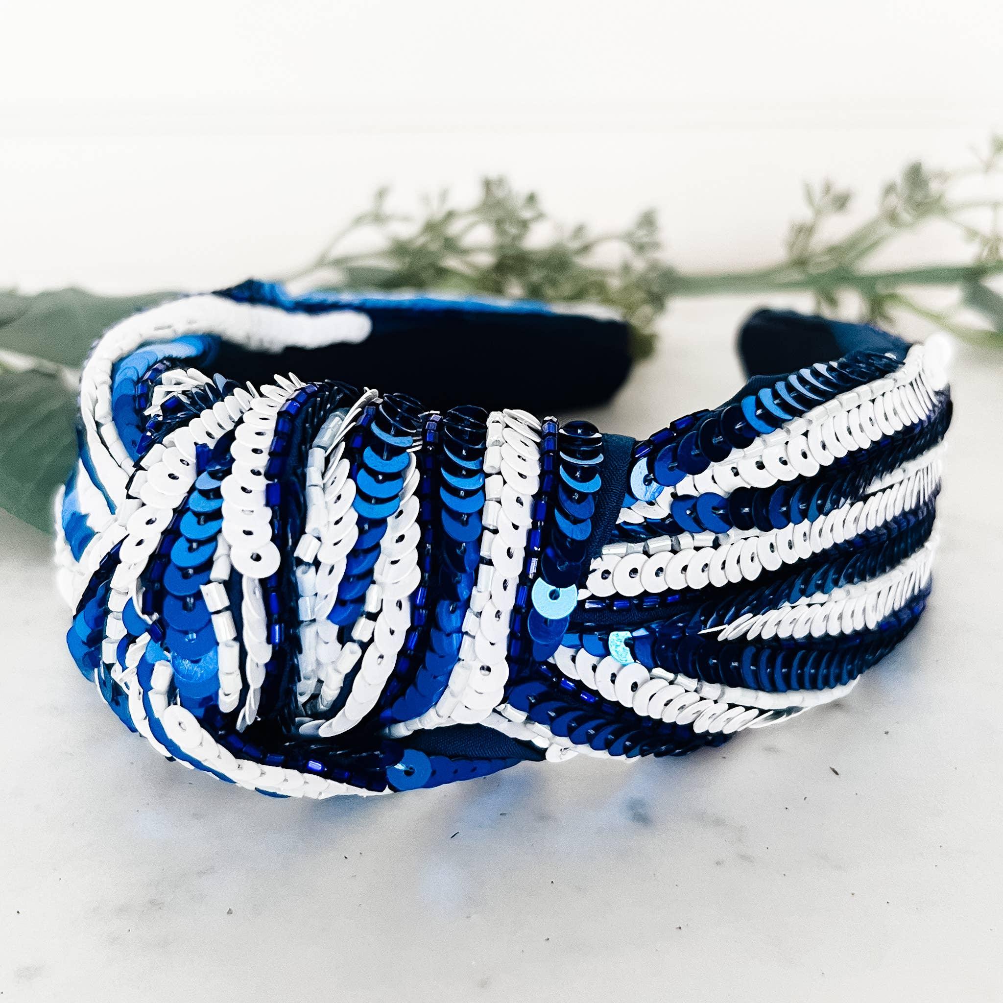 Blue & White Sequin Stripe Knotted Headband - Bexa Boutique