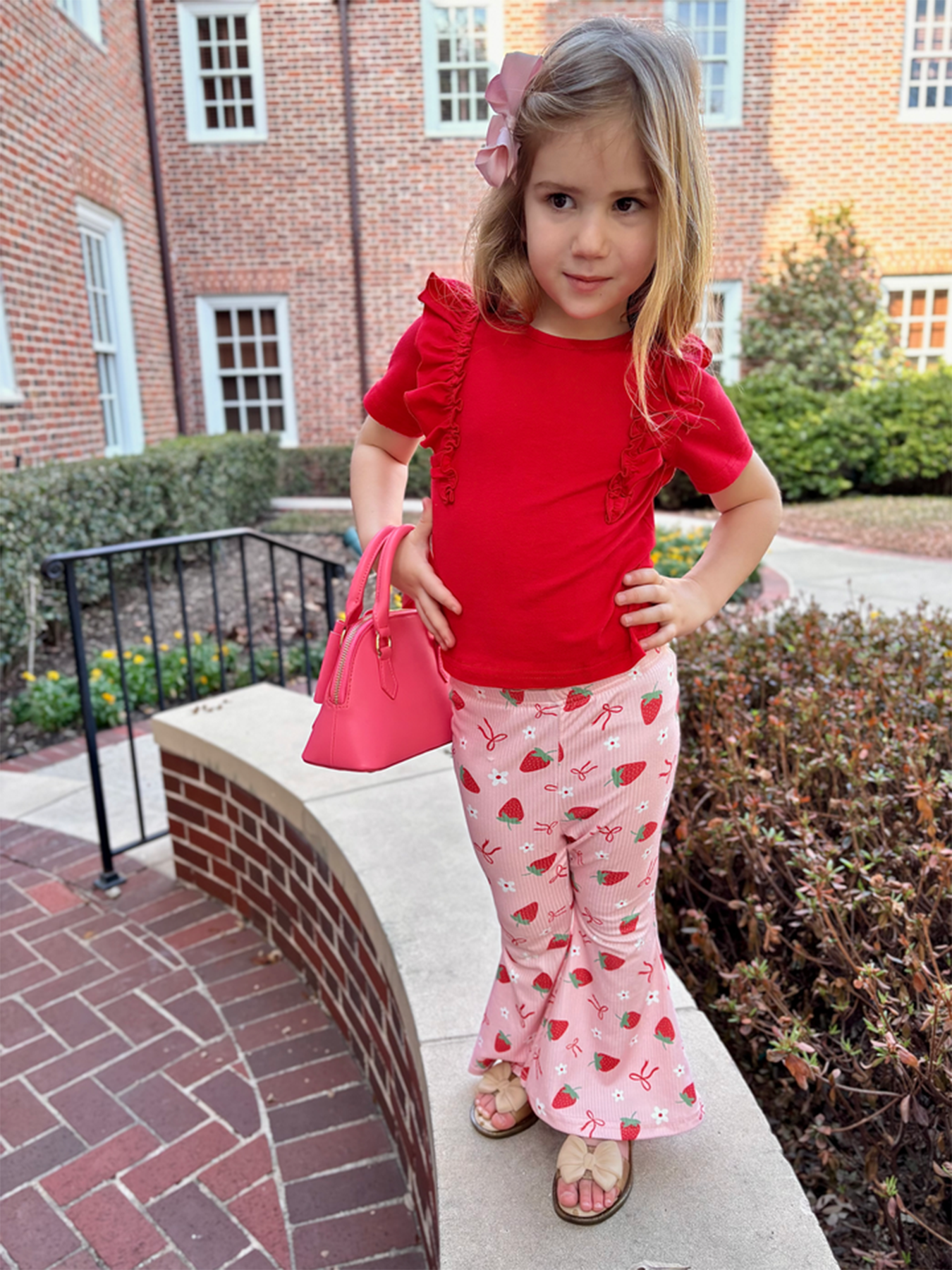 Strawberry Bow Girls Ruffle Top and Bell Bottoms Set - Bexa Boutique
