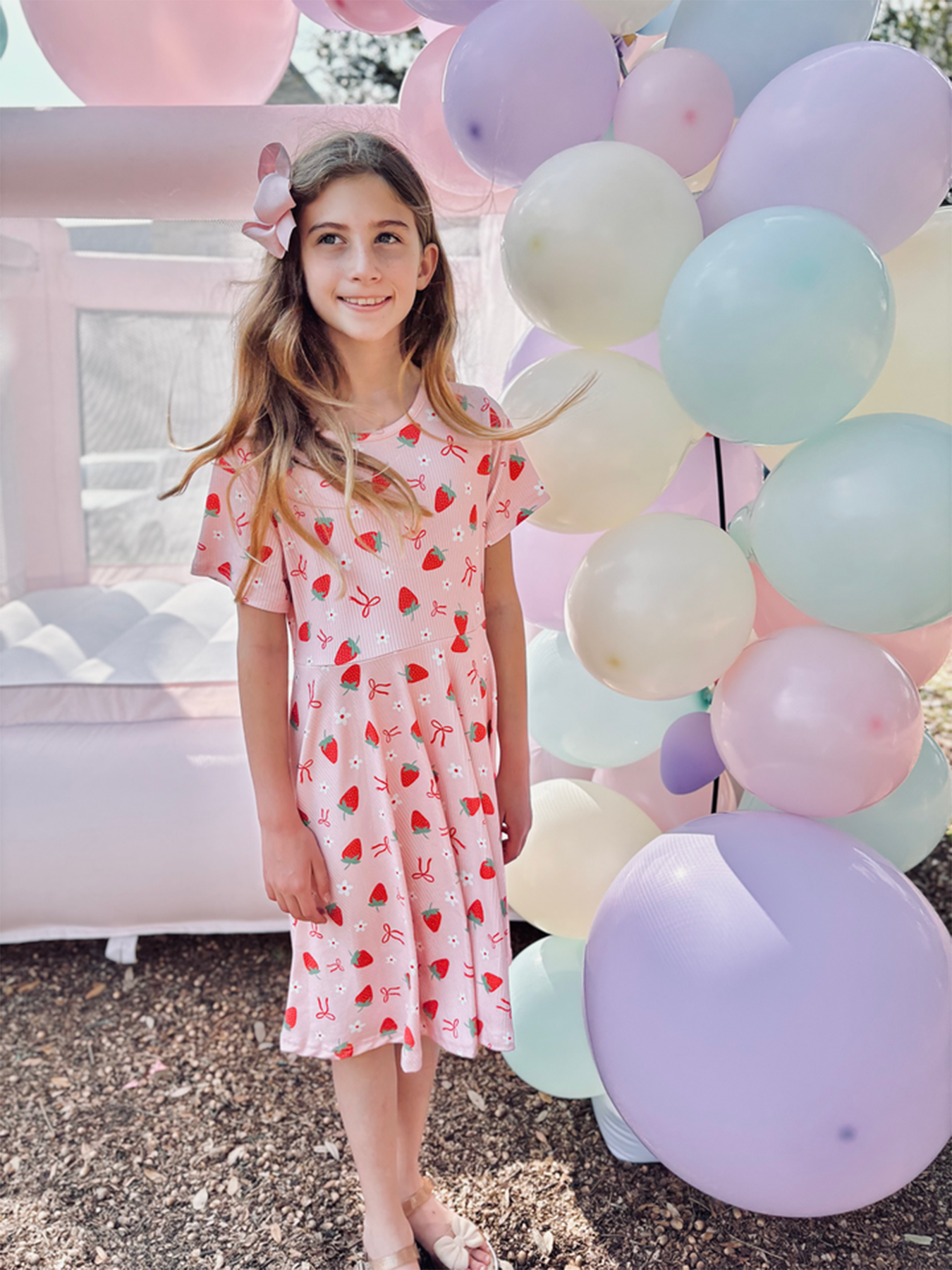 Strawberry Bow Girls Short Sleeves Dress - Bexa Boutique