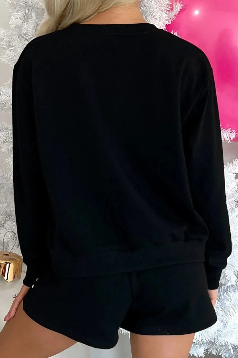 MERRY Sequin Round Neck Long Sleeve Top and Shorts Set - Black - Bexa Boutique