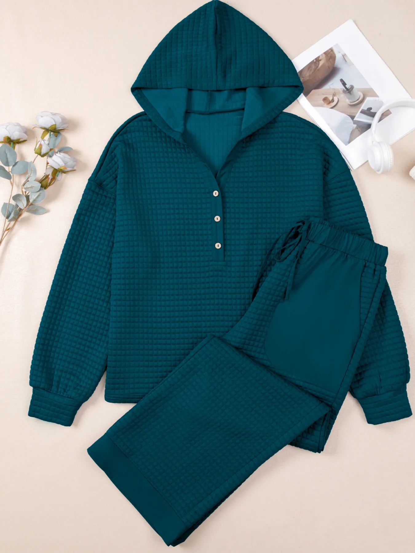 Waffled Textured Raw Edge Patchwork Top and Pants 2pcs Set - Deep Teal - Bexa Boutique