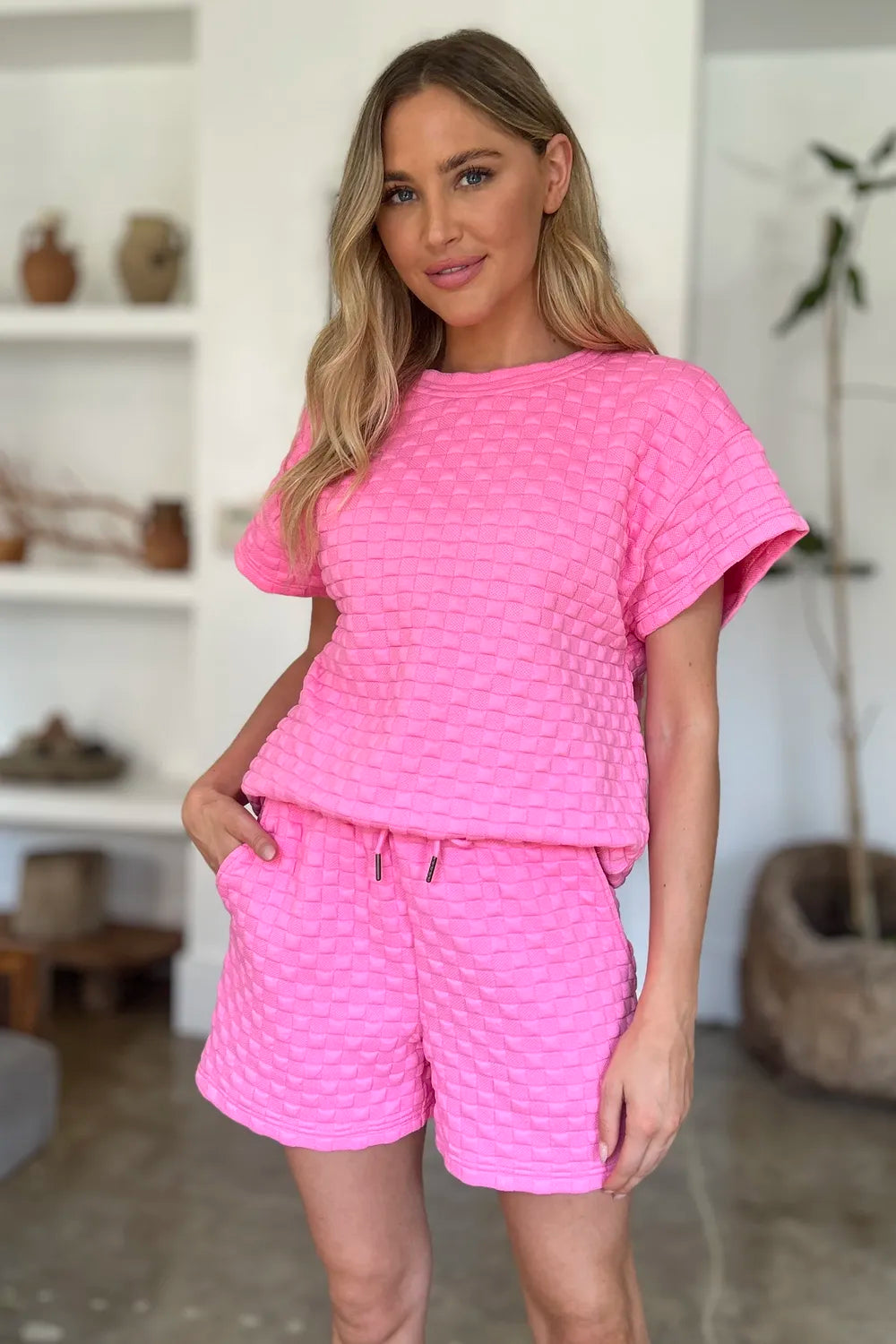 Double Take Full Size Texture T-Shirt and Shorts Set - Pink - Bexa Boutique