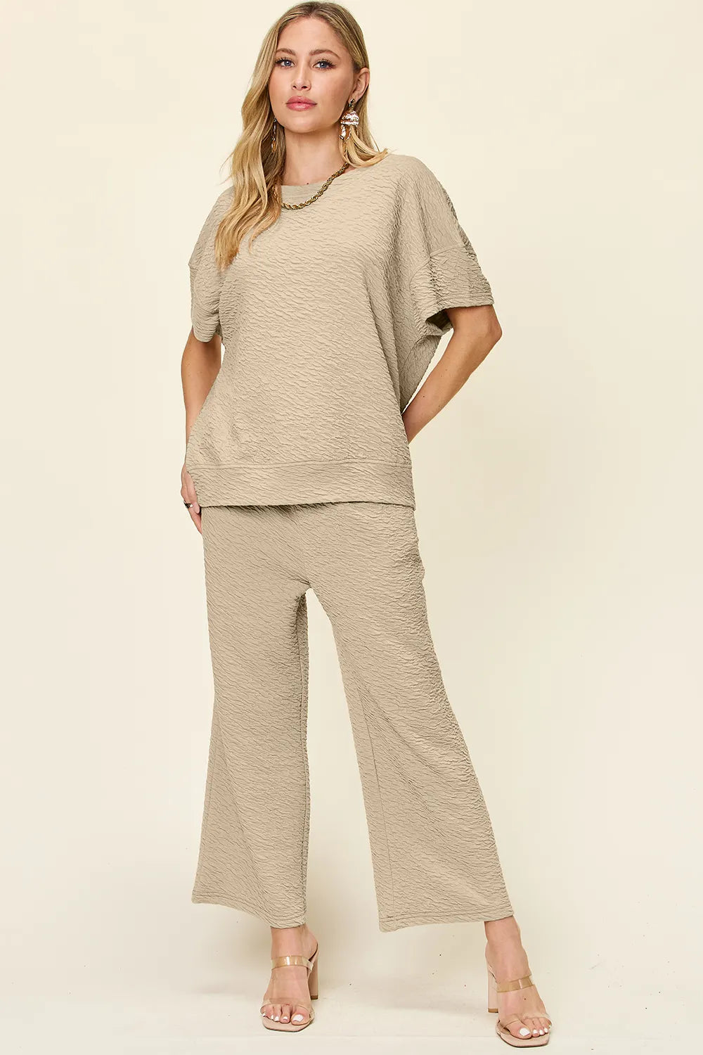 Double Take Full Size Texture Short Sleeve Top and Pants Set - Khaki - Bexa Boutique