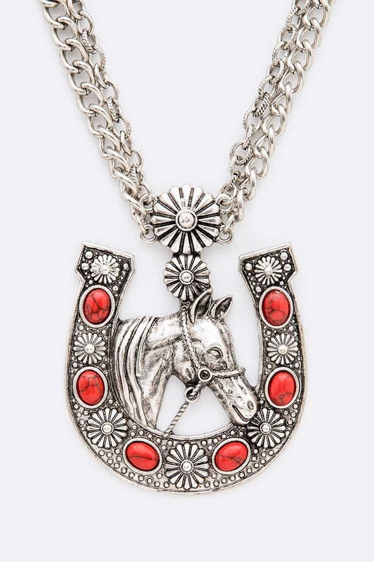 Horse Shoe Pendant Necklace Set - Red - Bexa Boutique
