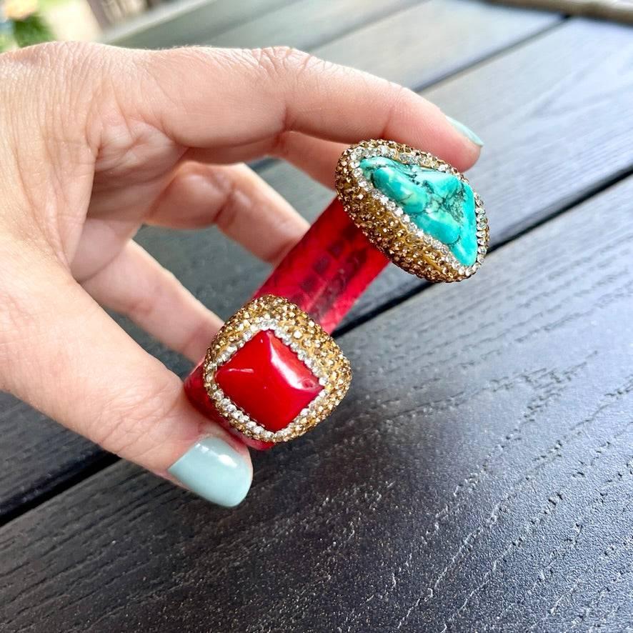 Red Coral Open Cuff Leather Bracelet with Rhinestone Embellishment - Bexa Boutique