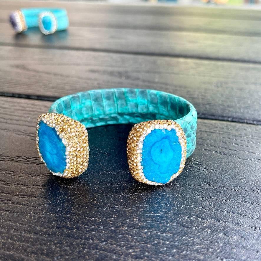 Blue Dyed Raw Crystal Open Cuff Bracelet with Blue Embossed Leather - Bexa Boutique