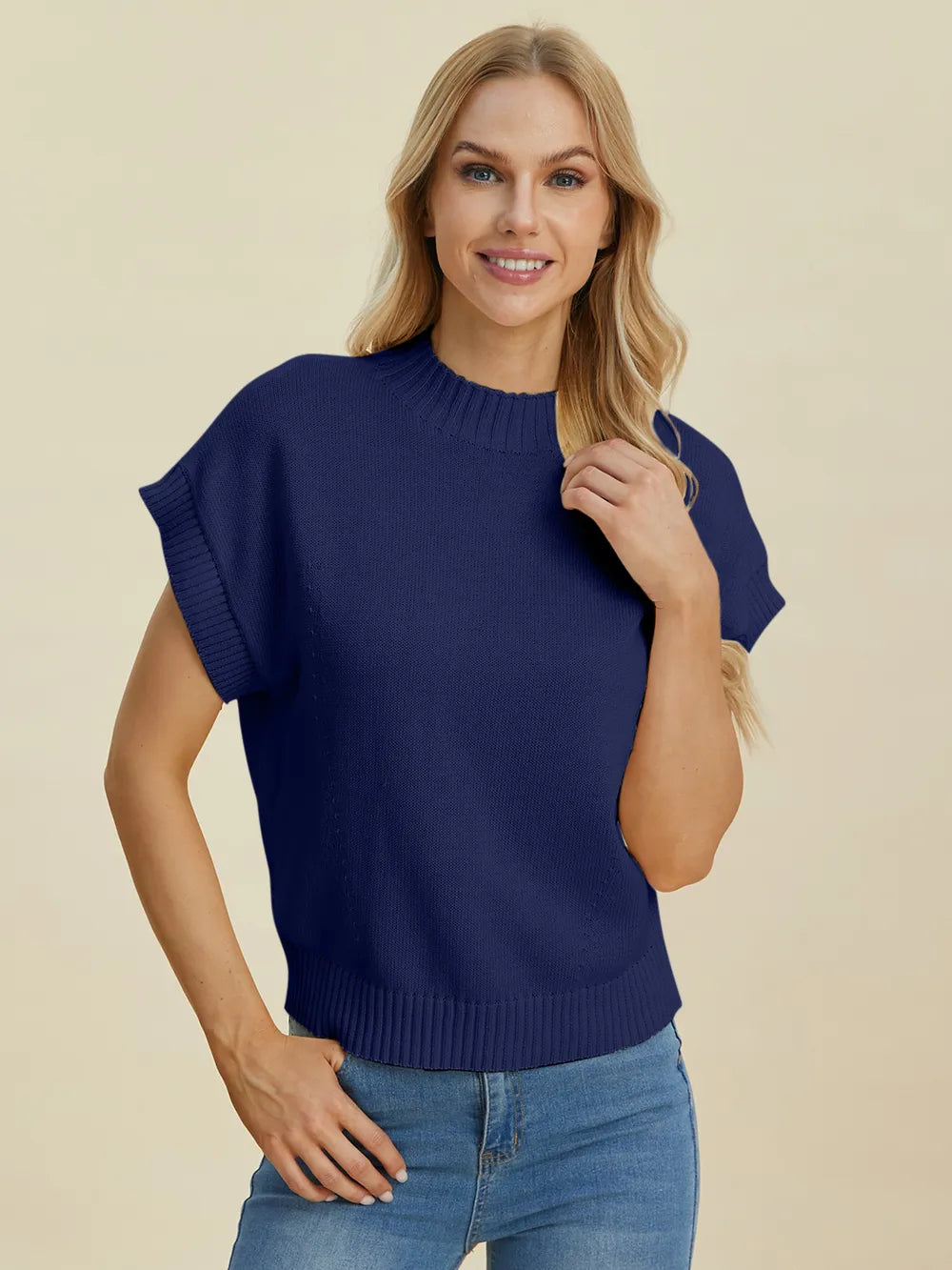 Double Take Full Size Mock Neck Short Sleeve Sweater - Navy - Bexa Boutique