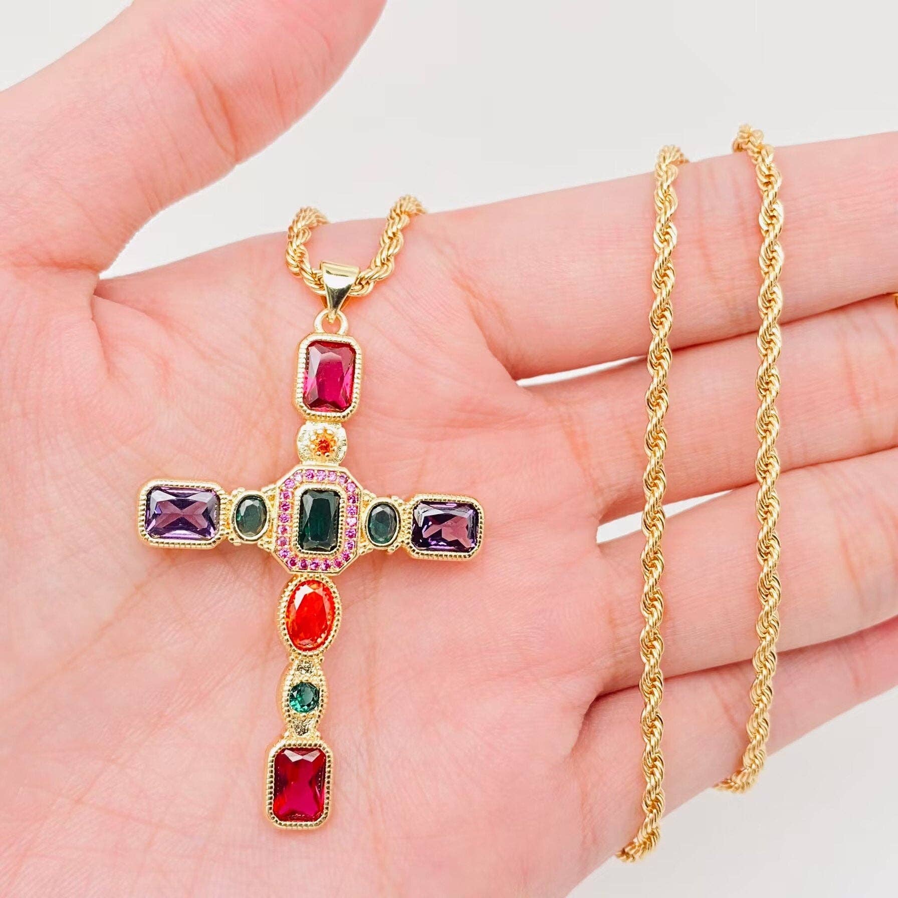 Colored Cubic Zirconia Cross 18KGold Plated Pendant Necklace - Bexa Boutique
