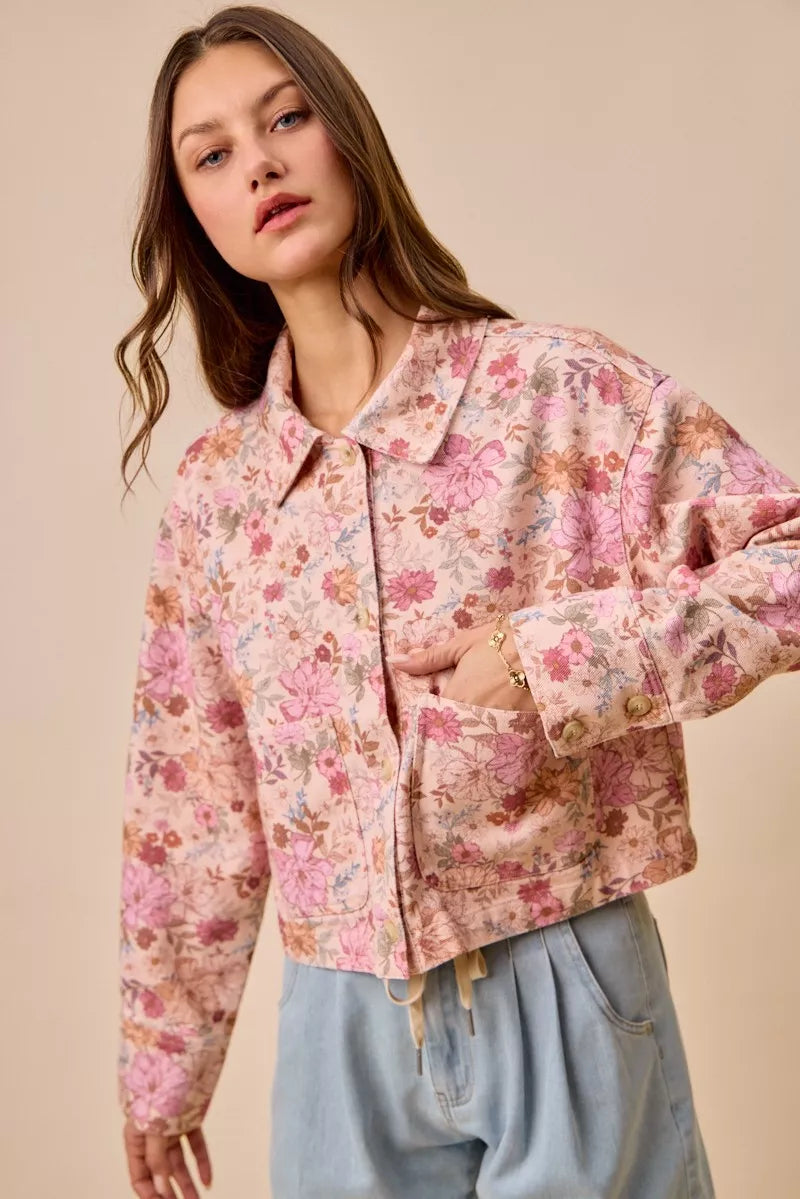 SO ME Floral Print Cotton Twill Button Down Barn Jacket - Blush Pink - Bexa Boutique