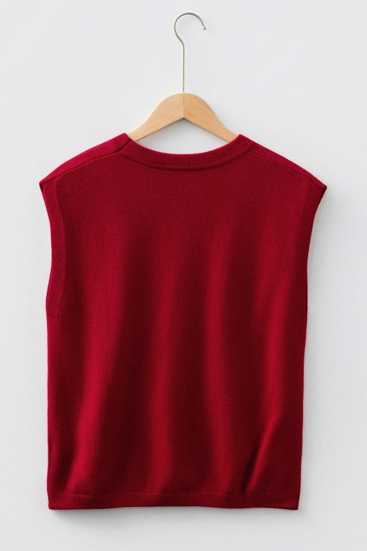 Solid Crewneck Cap Sleeve Knit Sweater - Racing Red - Bexa Boutique