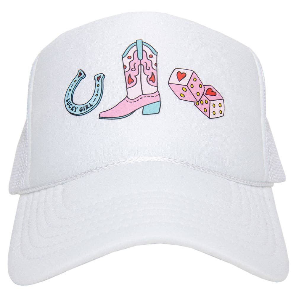 Cowgirl Boot Horeshoe and Dice Female Trucker Hats