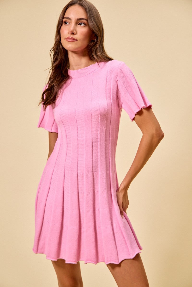 SO ME Wide Rib Short Sleeves Sweater Knit Mini Dress - PINK - Bexa Boutique