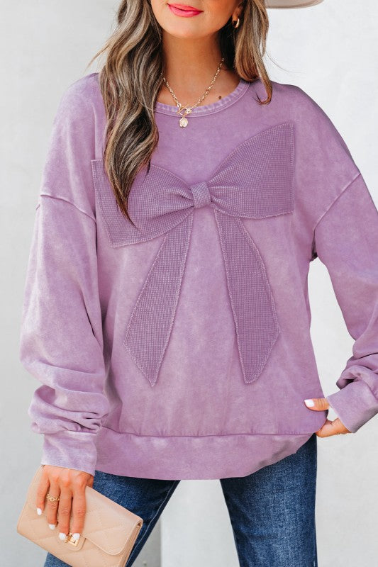 Solid Bow Patchwork Mineral Wash Sweatshirt - Bright Pink - Bexa Boutique