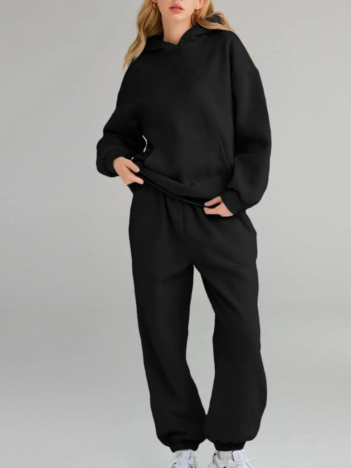 Full Size Kangaroo Pocket Hoodie and Joggers Set Plus Size - Black - Bexa Boutique