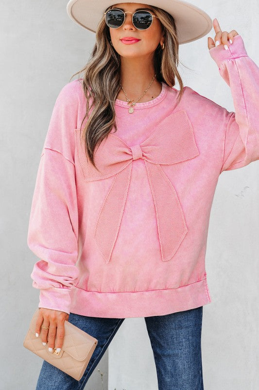 Solid Bow Patchwork Mineral Wash Sweatshirt - Bright Pink - Bexa Boutique