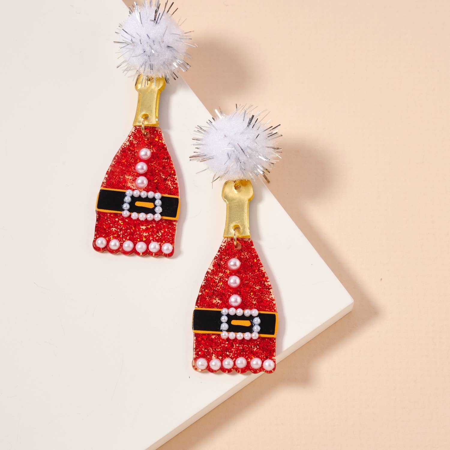 Christmas Champagne Acetate Dangling Earrings - Red, 4SE31099 - Bexa Boutique