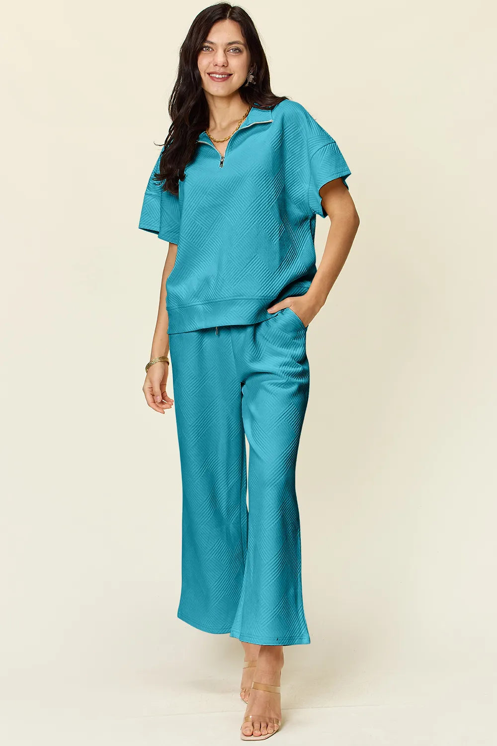 Double Take Full Size Texture Half Zip Short Sleeve Top and Pants Set - Light Blue - Bexa Boutique