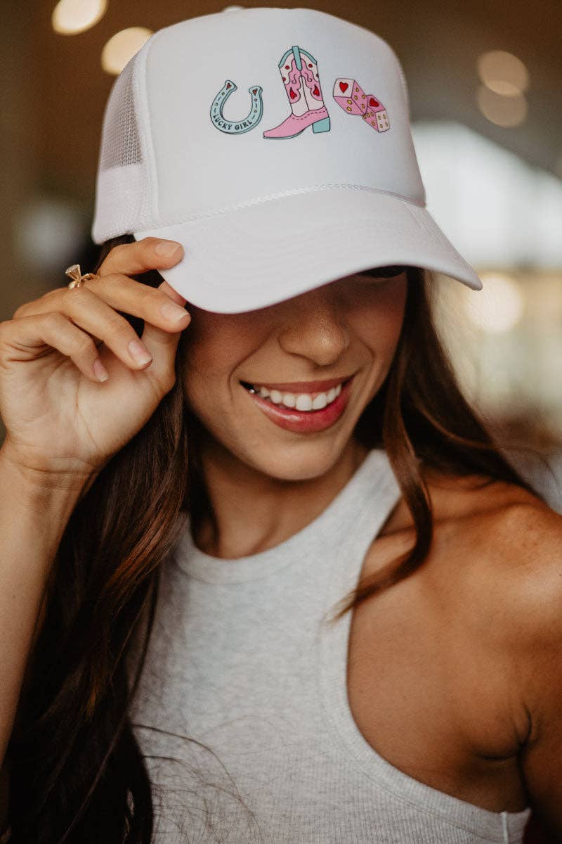 Cowgirl Boot Horeshoe and Dice Female Trucker Hats