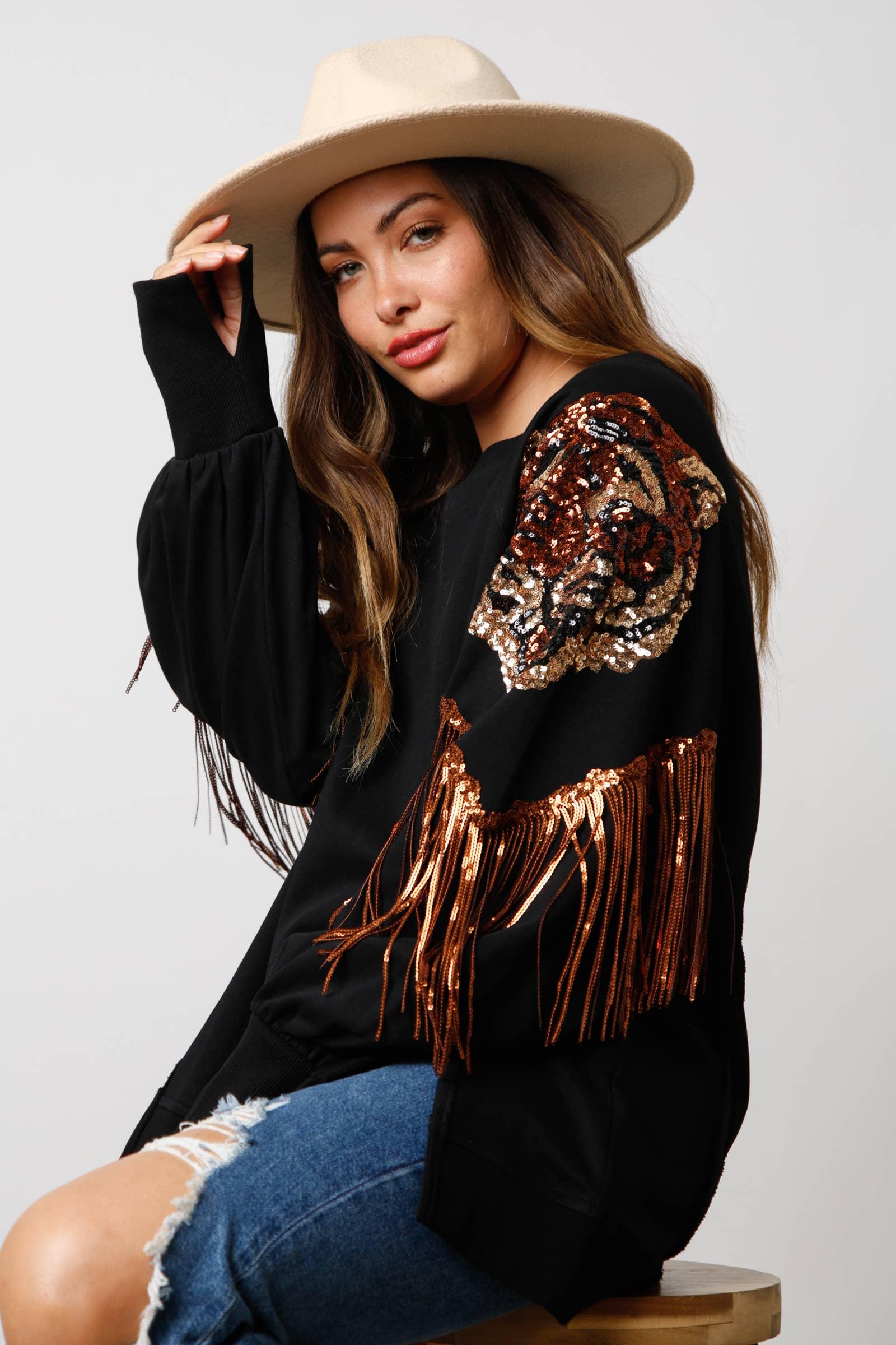 Loose Sweatshirt W/ Sequin Shoulder Tiger & Fringe - IFKT54444-01 - Preorders: BLACK/BROWN / S - Bexa Boutique