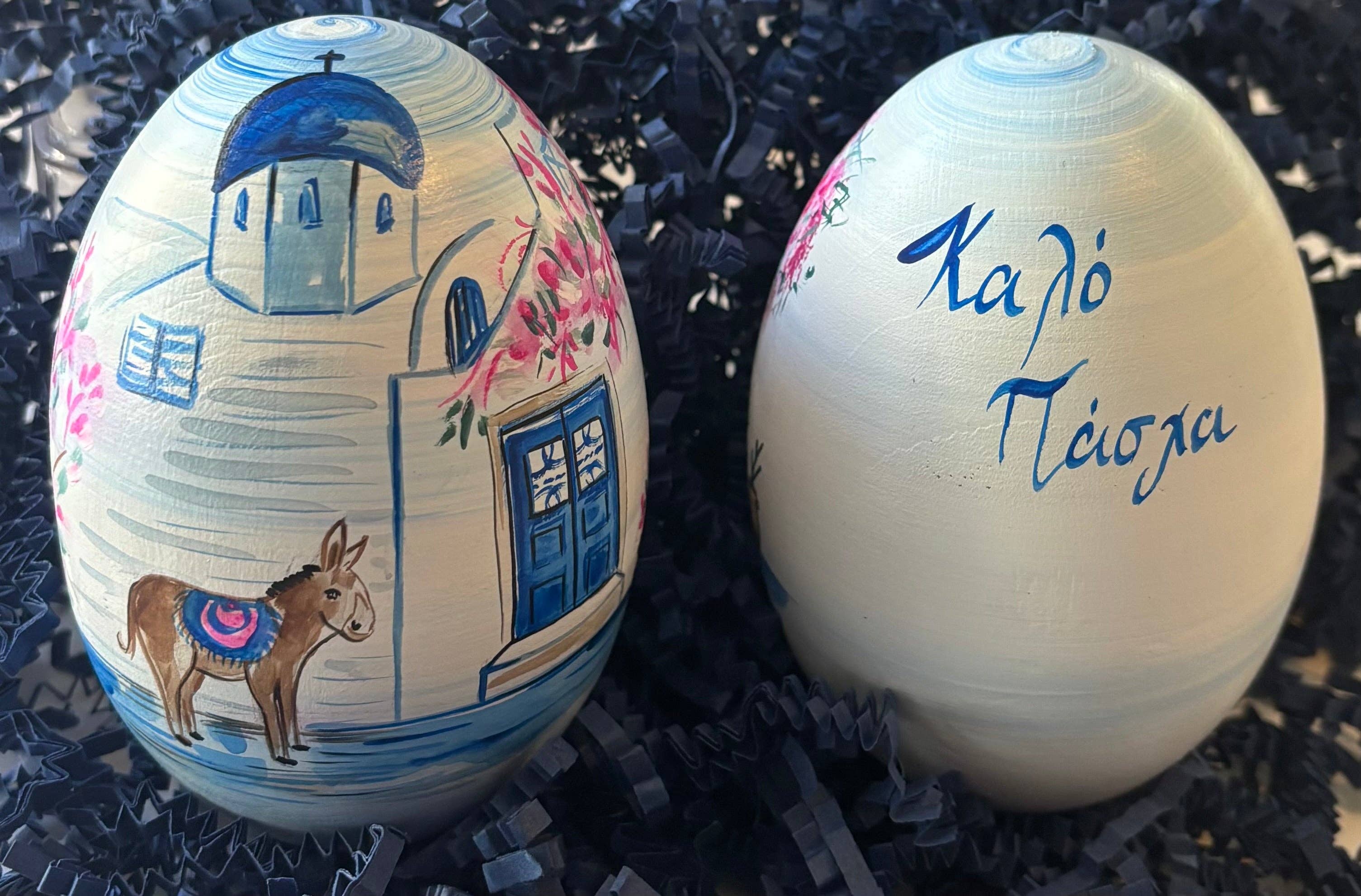 Easter Wooden Egg: Santorini Church and Donkey with Καλό Πάσχα - Bexa Boutique