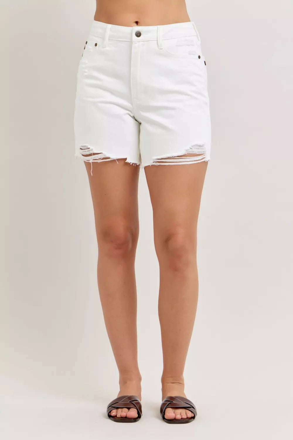 Judy Blue High Waist Rigid Magic Dad Short with Cell Phone Back Pocket - WHT - Bexa Boutique