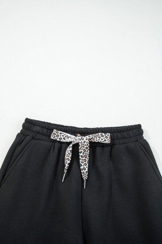 Leopard Drawstring Fleece Lined Elastic Waist Pant - Black - Bexa Boutique