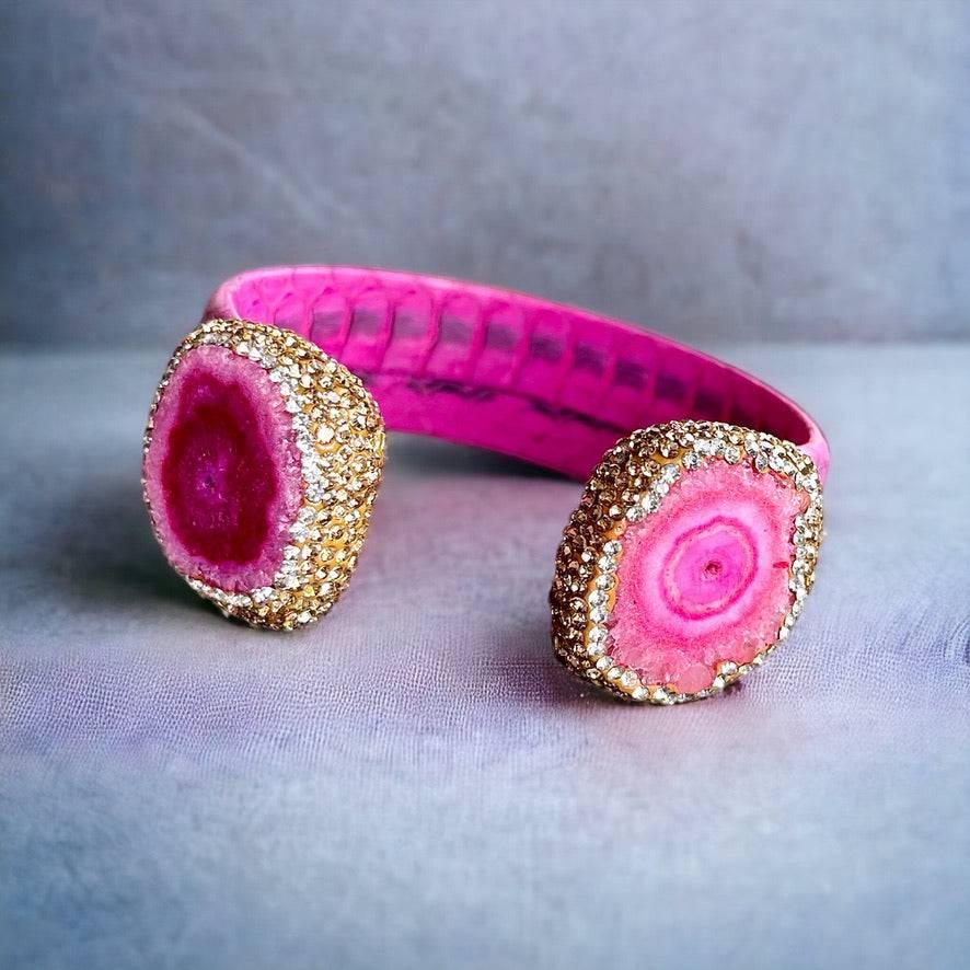 Pink Dyed Raw Crystal Open Cuff Bracelet with Pink Embossed Leather - Bexa Boutique