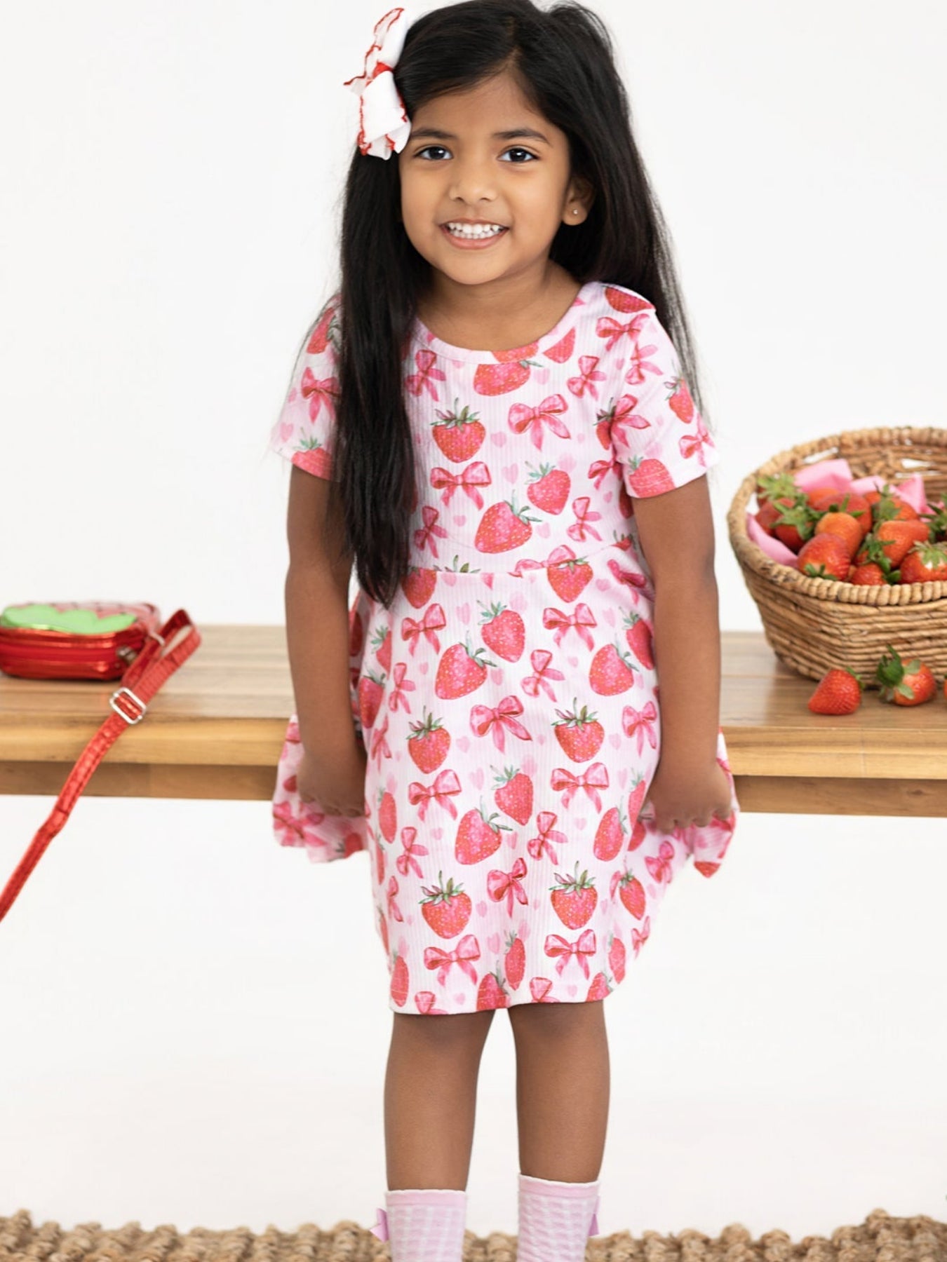 Summer Strawberry Bow Girls Short Sleeve Dress - Bexa Boutique