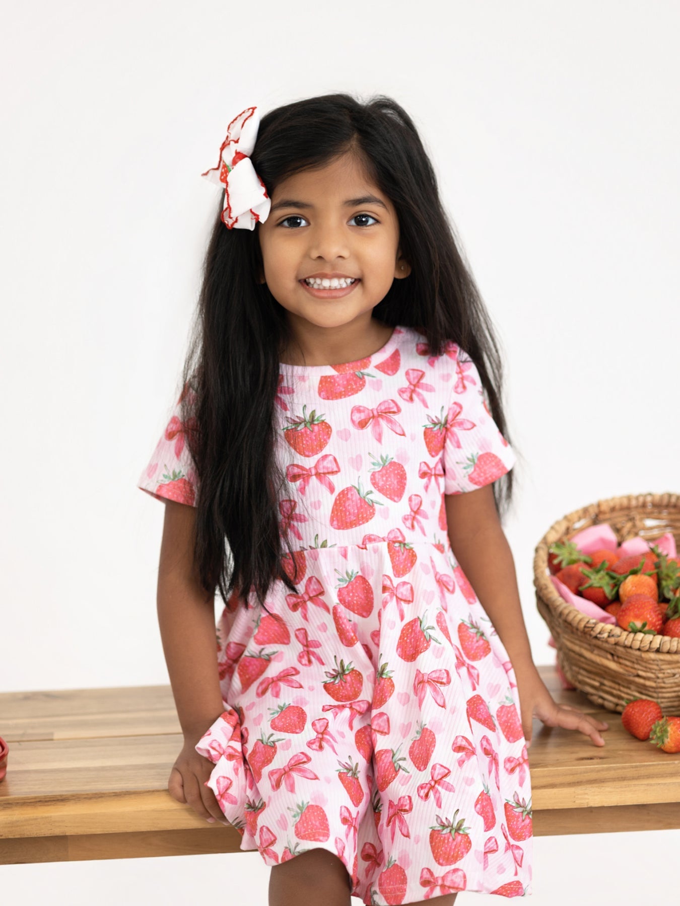 Summer Strawberry Bow Girls Short Sleeve Dress - Bexa Boutique