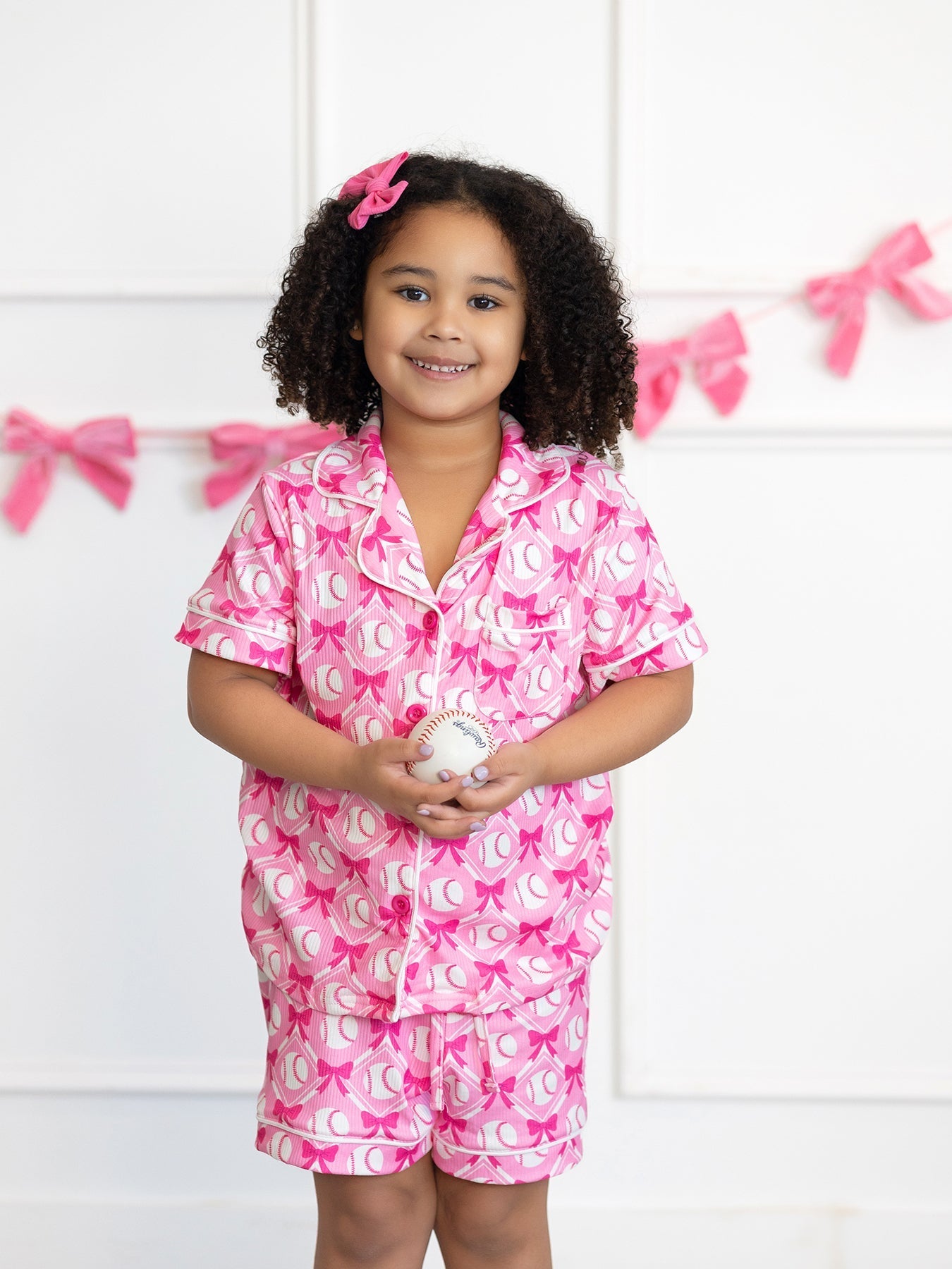 Girls Baseball Bow Print Pajama Set Short Sleeve Pink - Bexa Boutique
