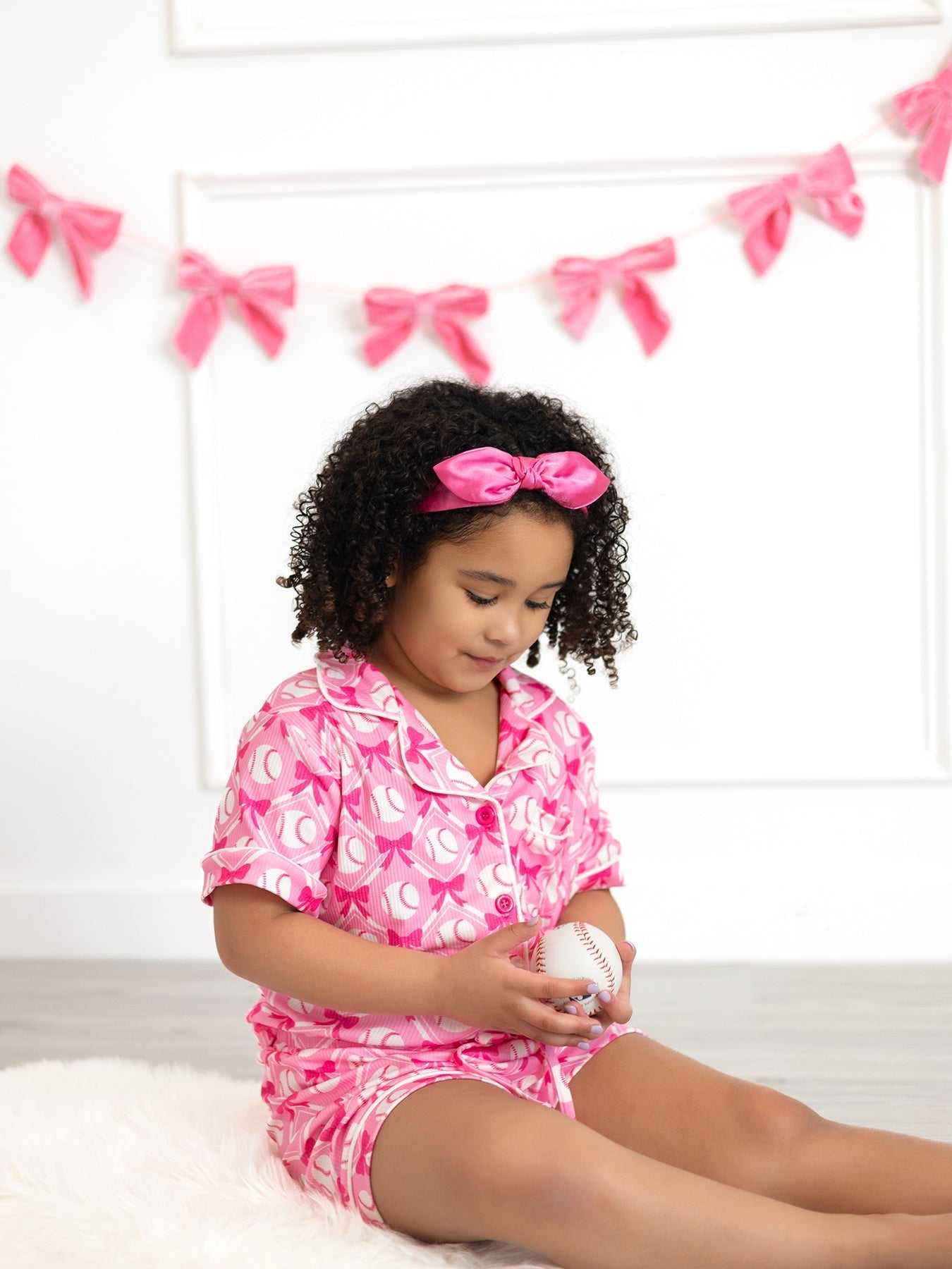 Girls Baseball Bow Print Pajama Set Short Sleeve Pink - Bexa Boutique