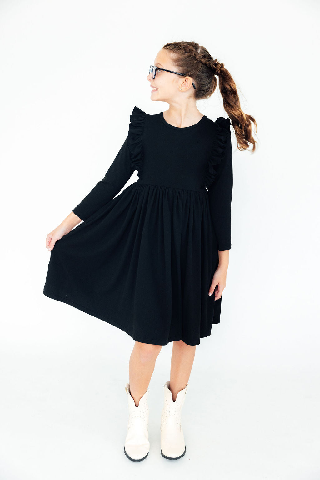 Black L/S Ruffle Twirl Dress - Bexa Boutique